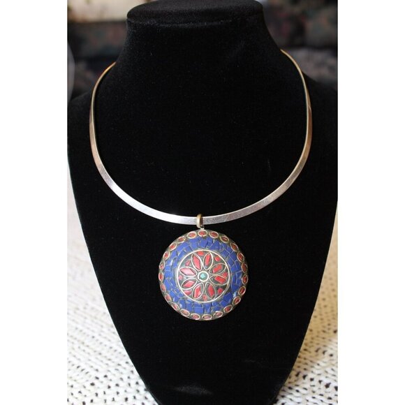 Vintage Mosaic Multicolor Pendant & necklace Handmade Ethnic Bohemian tribal - Picture 9 of 11